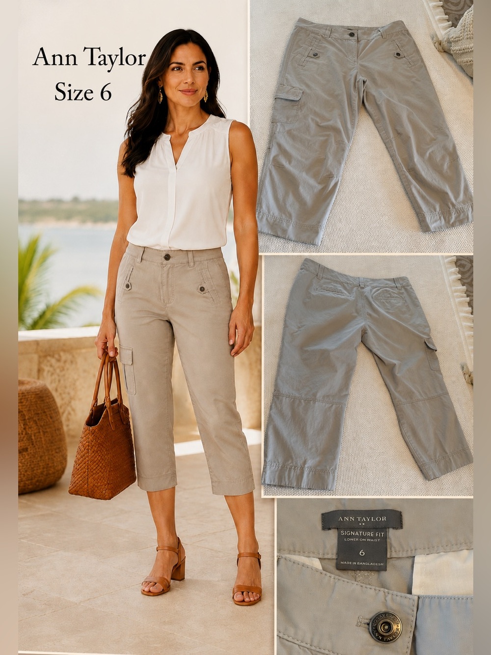 Ann Taylor Signature Fit Cargo Capri Pants Stone Taupe Size 6 - Picture 2 of 13